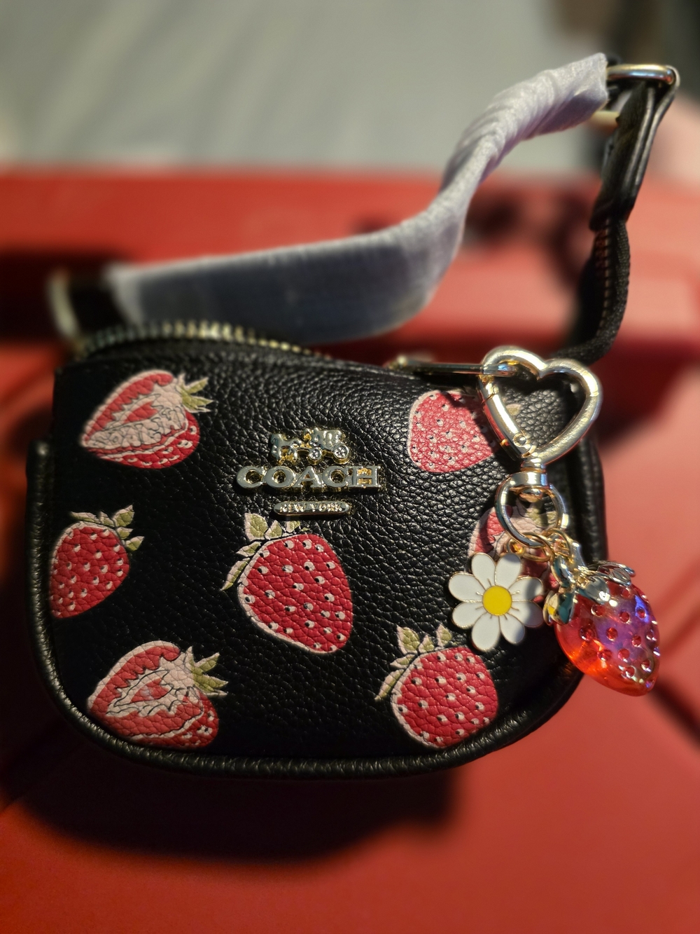 COACH Black Strawberry Print Mini Crossbody with Daisy & Strawberry Charm